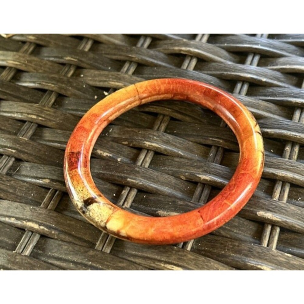 Vtg Natural Apple Sponge Coral Orange Tiger Veins Bangle Bracelet